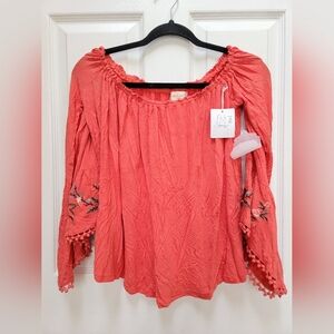 Altar'd State Women's Coral Embroidered Off The Shoulder Top Size Medium NWT
